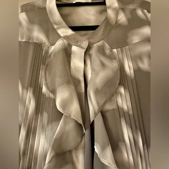Calvin Klein Silky Top with Sheer Sleeves, Ruffles, Metal Buttons - so elegant! - Picture 2 of 8